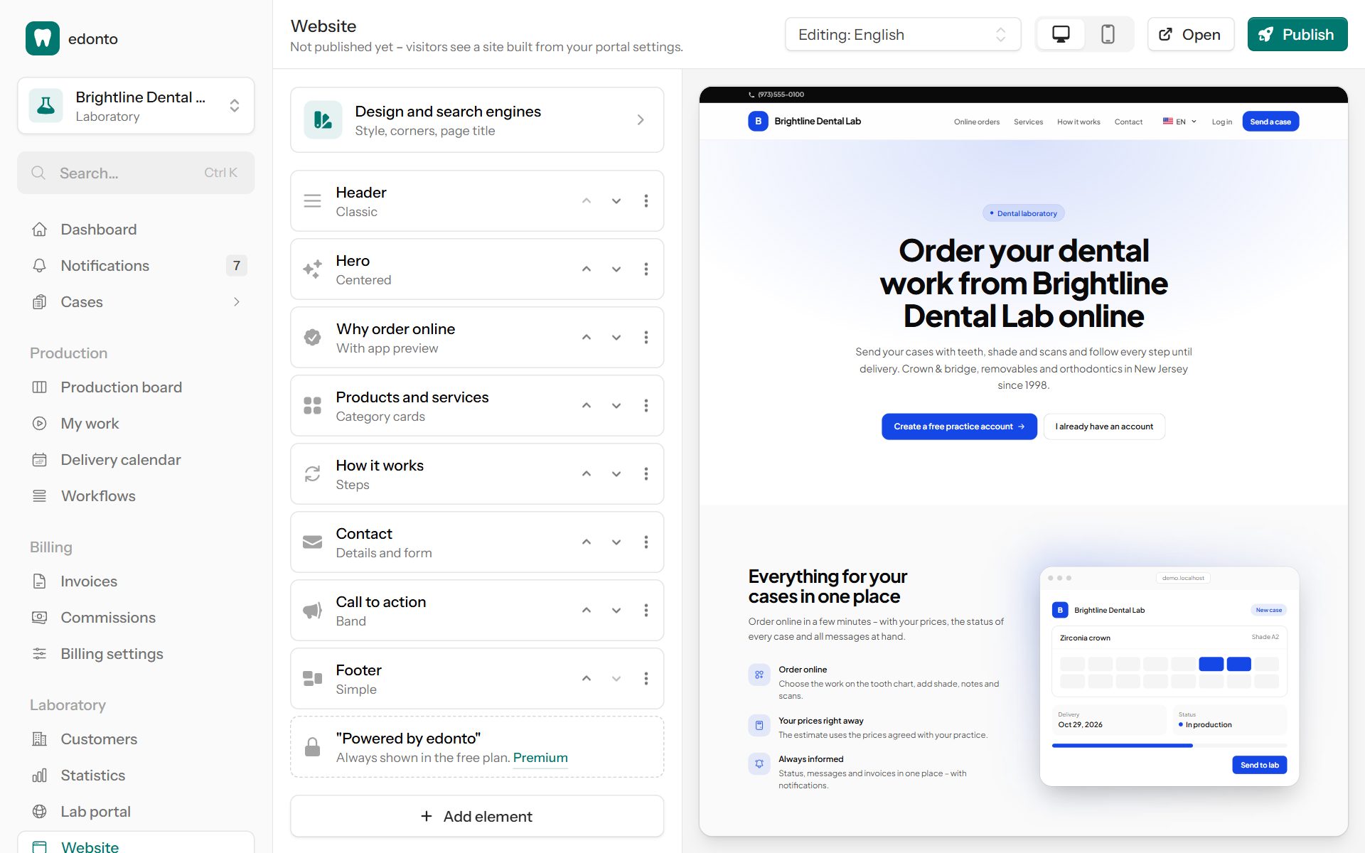 The website editor with live preview