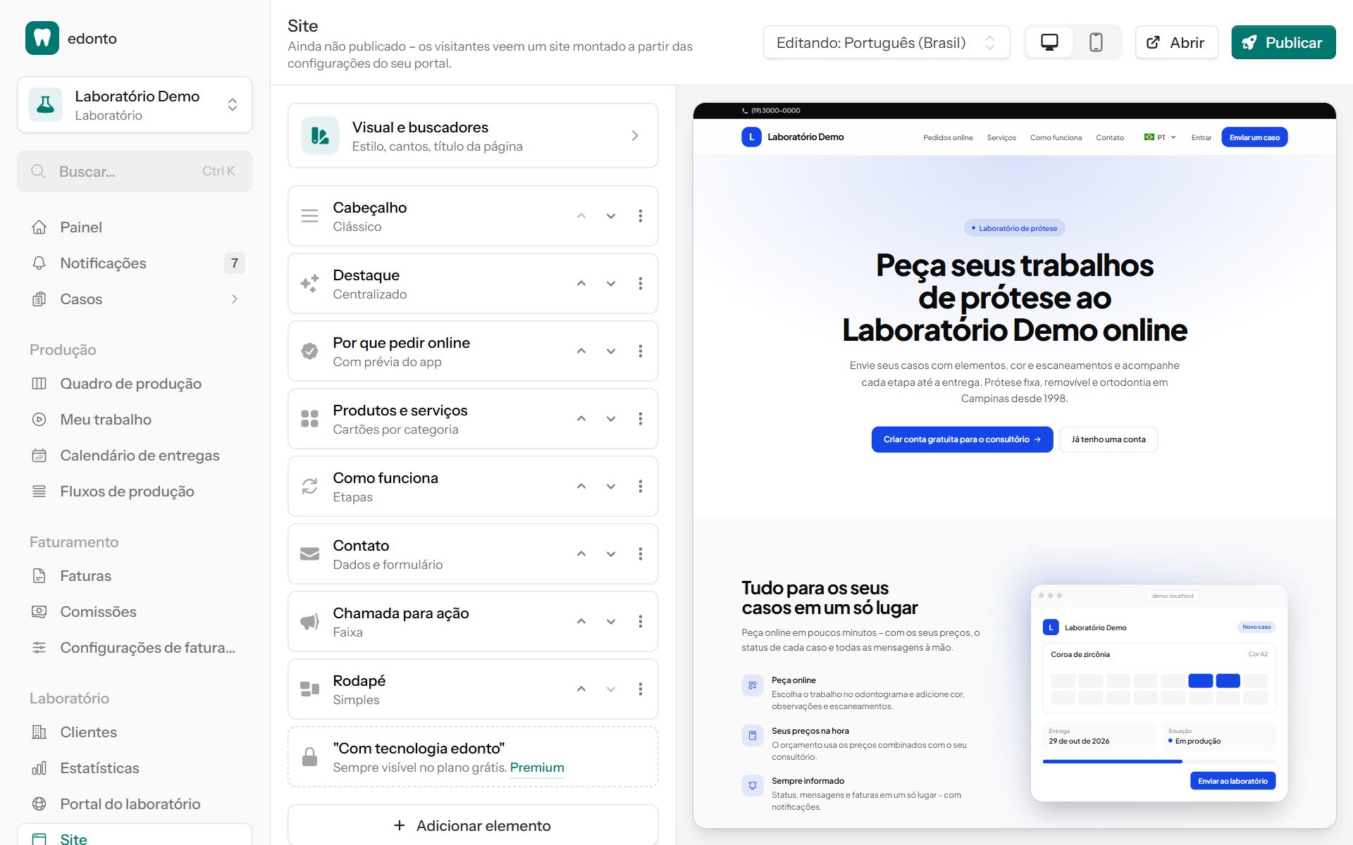 O editor do site com pré-visualização ao vivo
