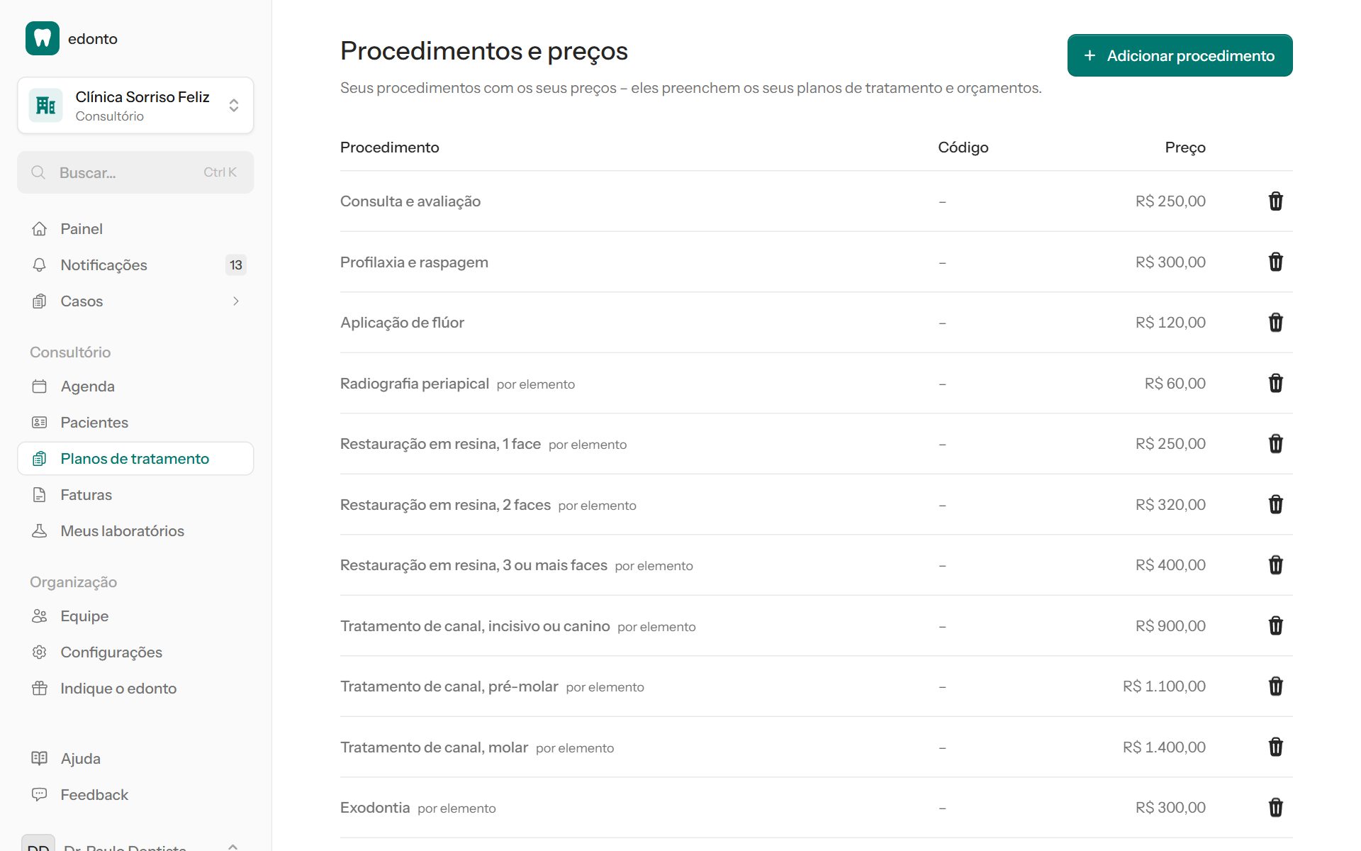 Procedimentos e preços
